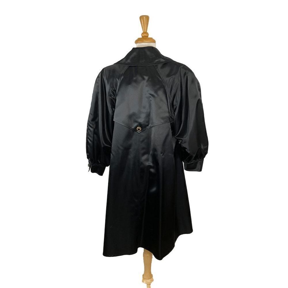A.J. Bari S Black Satin Trench Coat 1 FLAW Deadstock 80s Puffed Sleeves Evening - Picture 2 of 12